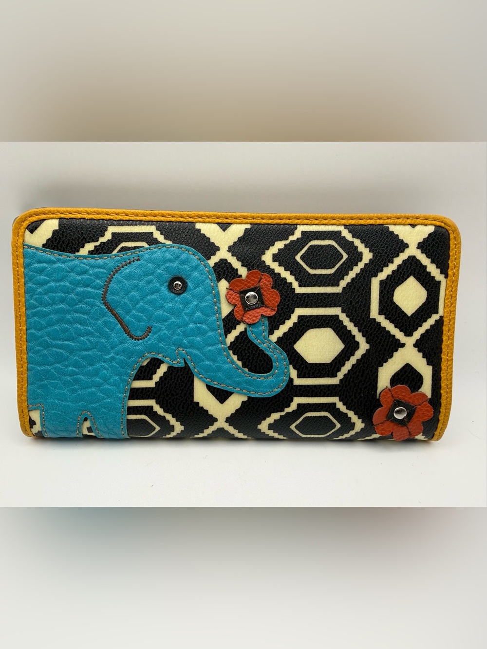 Relic Turquoise Elephant Appliqué Wallet with Black & Cream Geometric Pattern